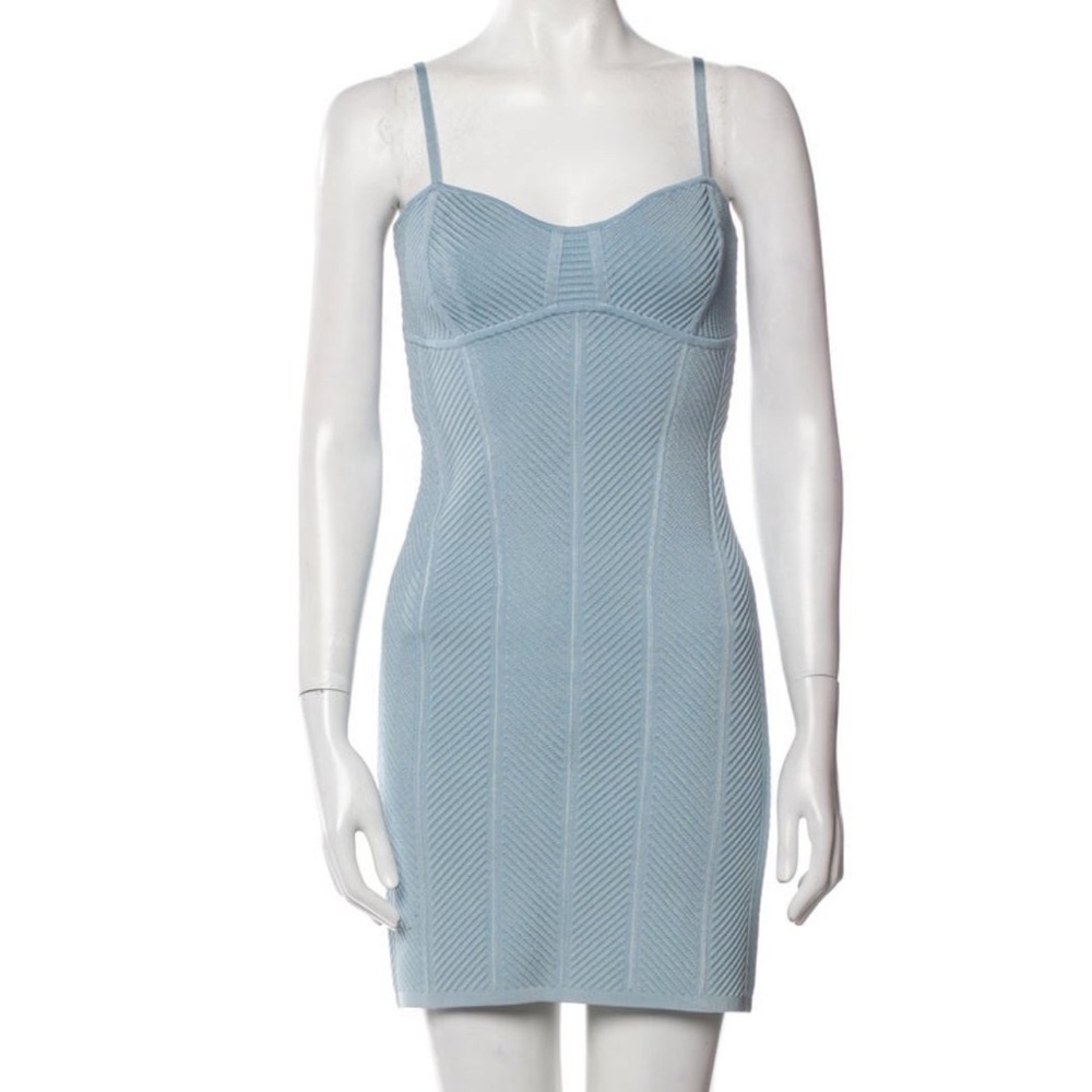 Herve Leger Light Blue Textured Mini Dress. - Picture 2 of 8